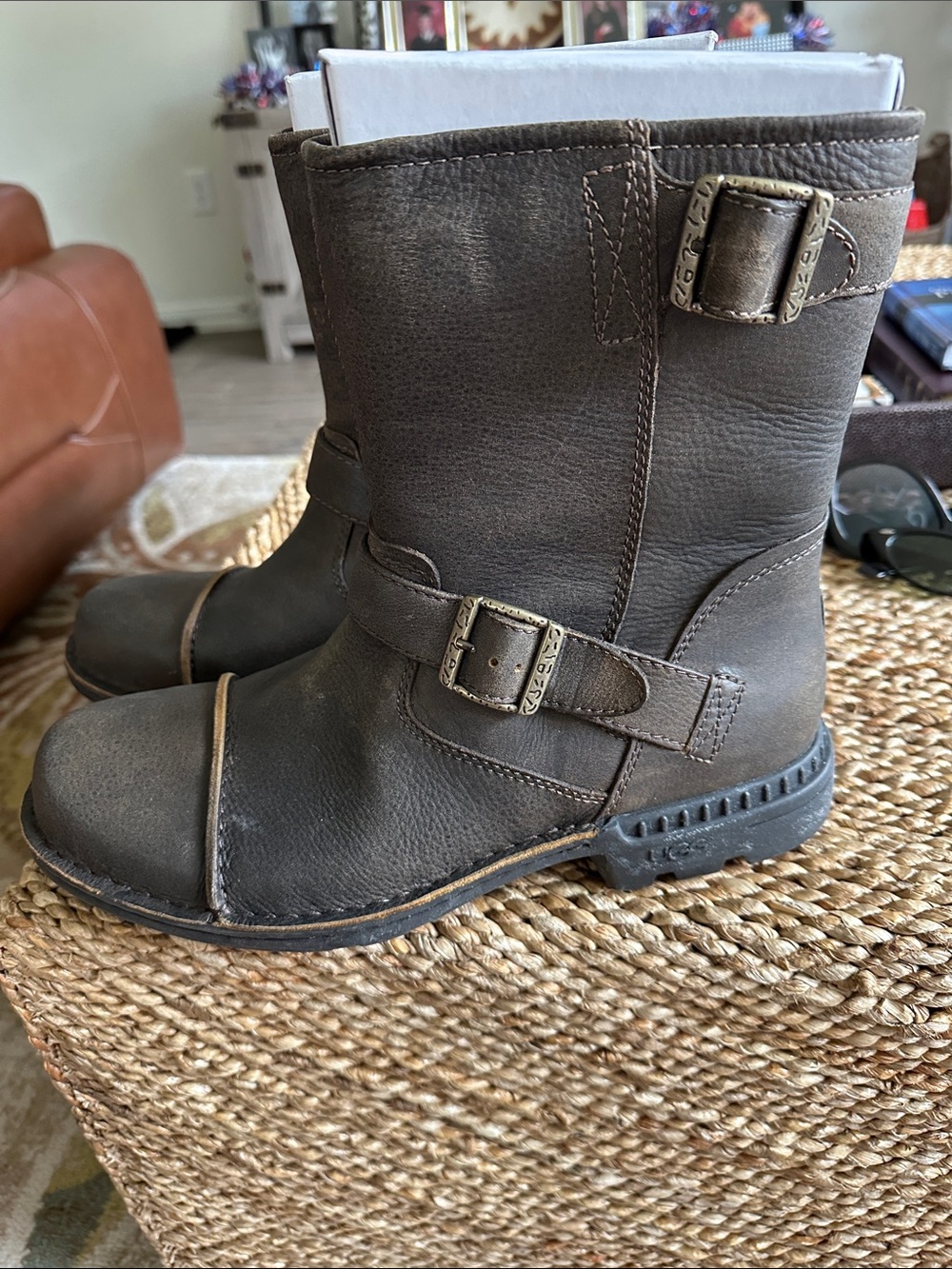 UGG size 10.5 brown Leather Buckle Moto Boots